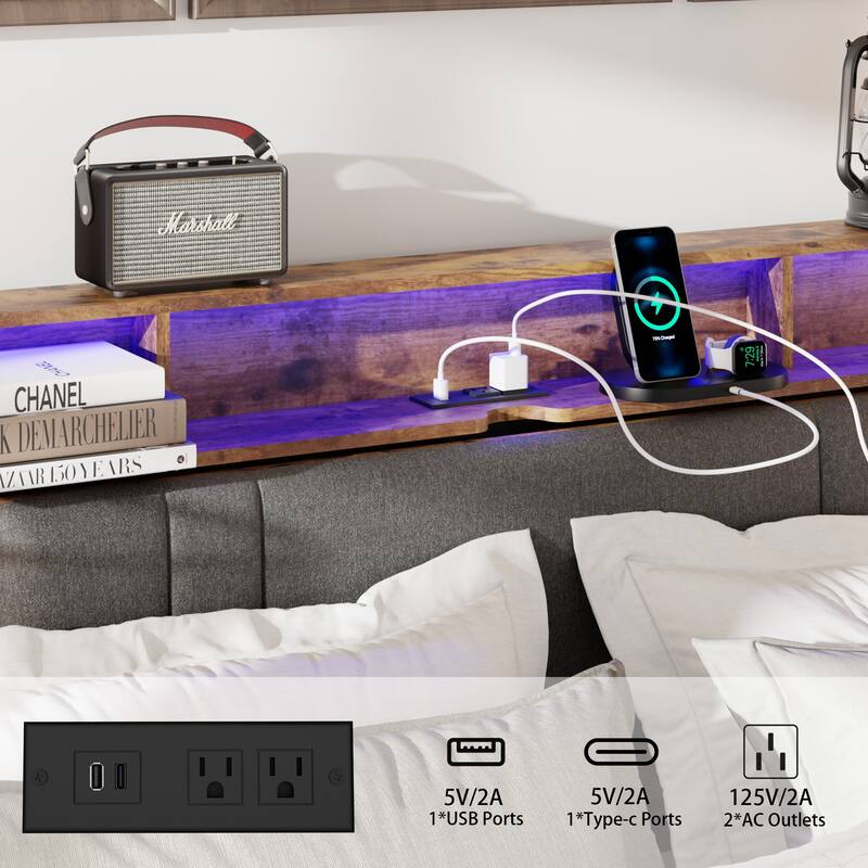 Queen Size Platform Bed with Upholstered Headboard,Charging Station and LED