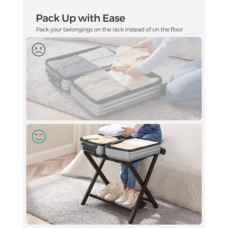 Wood Luggage Rack with Shelf Foldable Suitcase Stand with Nylon Straps for Guest Room or Hotel