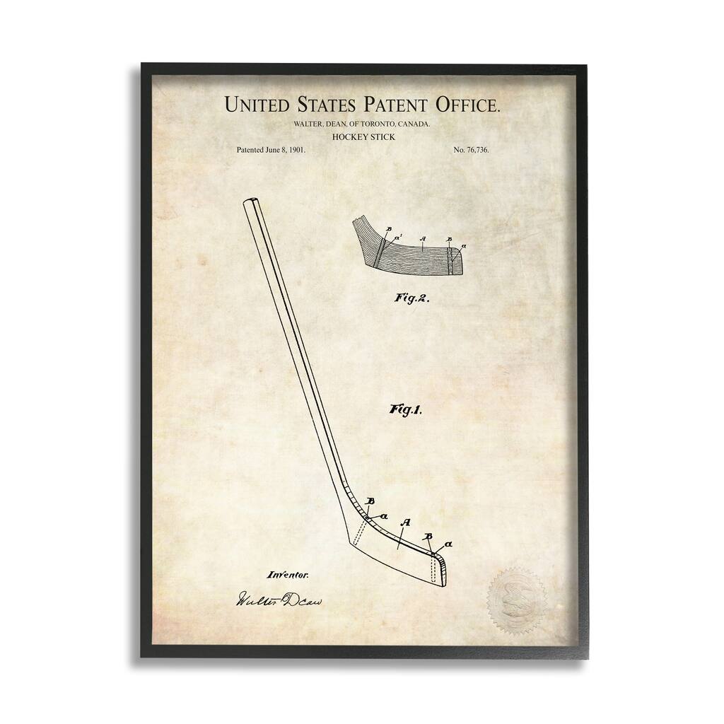 Stupell Vintage Hockey Stick Sports Diagram Patent Blueprint Framed Wall Art - Beige