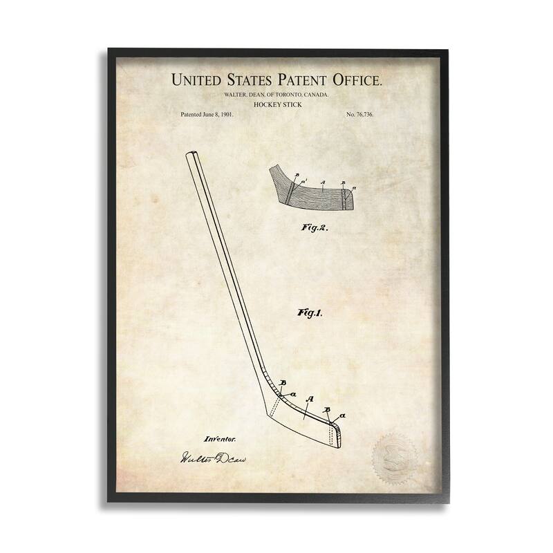 Stupell Vintage Hockey Stick Sports Diagram Patent Blueprint Framed Wall Art - Beige
