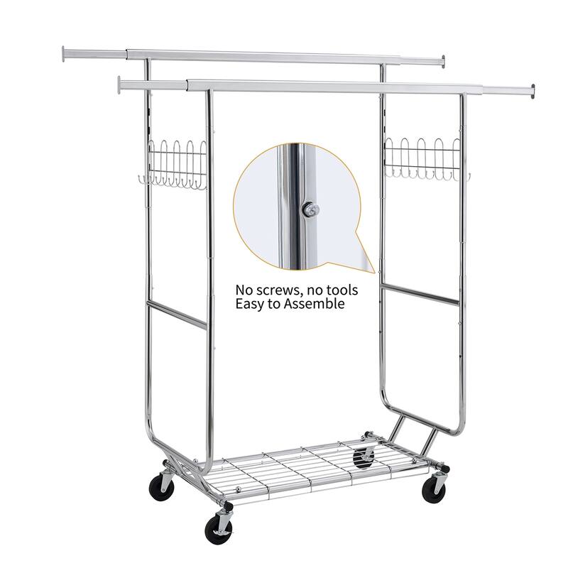 Double Clothing Garment Rack with Shelves, Wheels Rolling