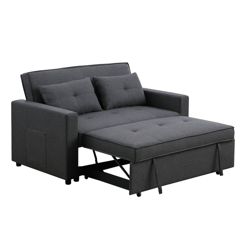 56" Dark Gray Linen Convertible Sleeper Loveseat With Side Pocket