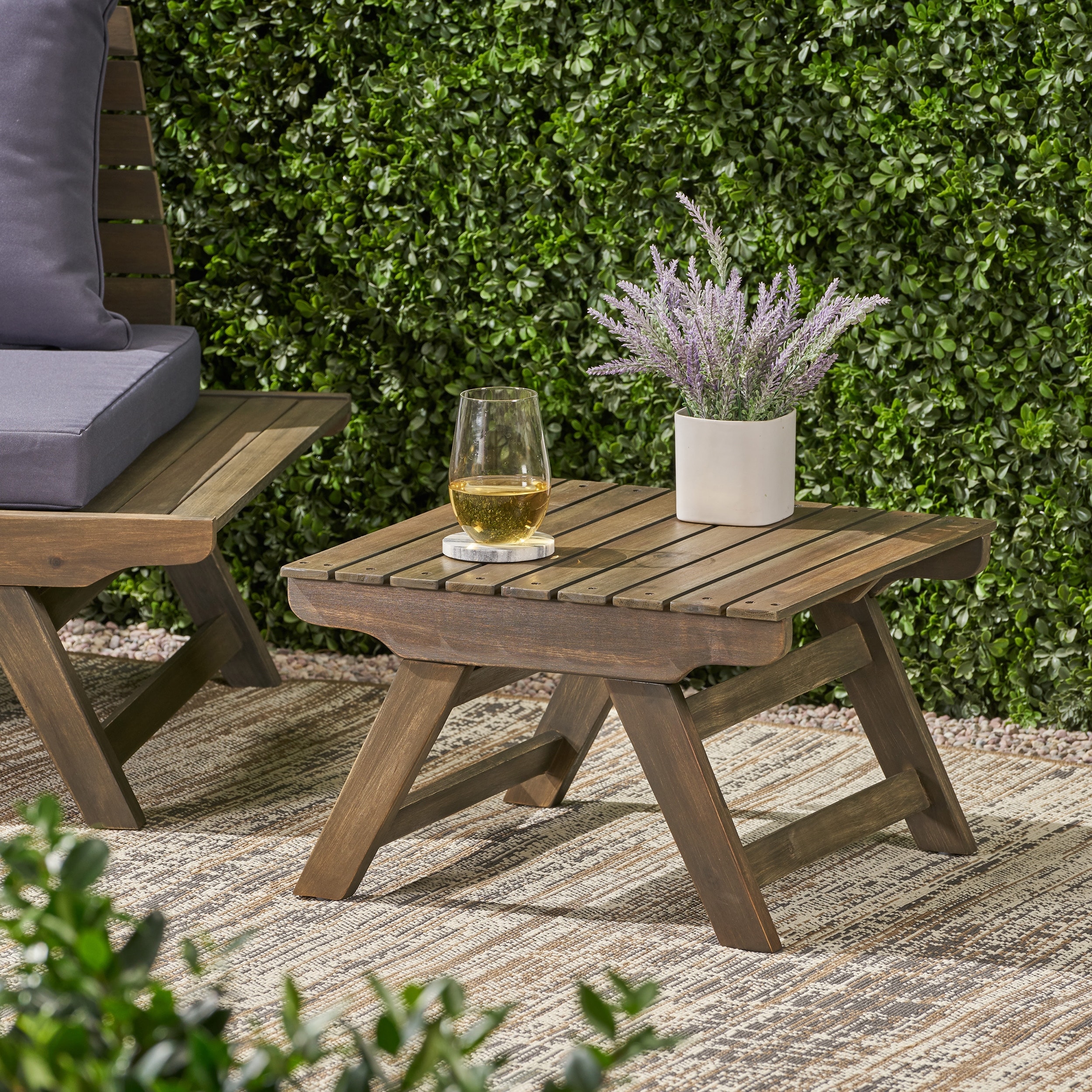 Roomfitters Rustic Outdoor Side Table in Acacia Wood, Slatted Top with Angled Legs, Small Patio Accent Table, Brown