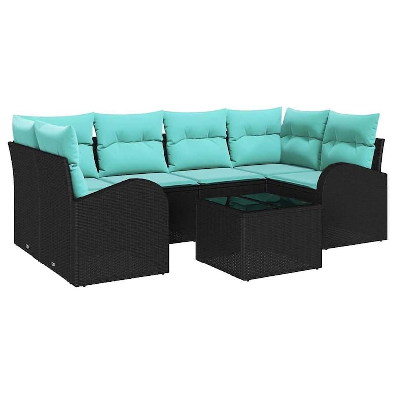 vidaXL 7 Garden Sofa Set with Cushions Black/Brown/Grey Poly Rattan - 92.1 x 48.8 x 27.2