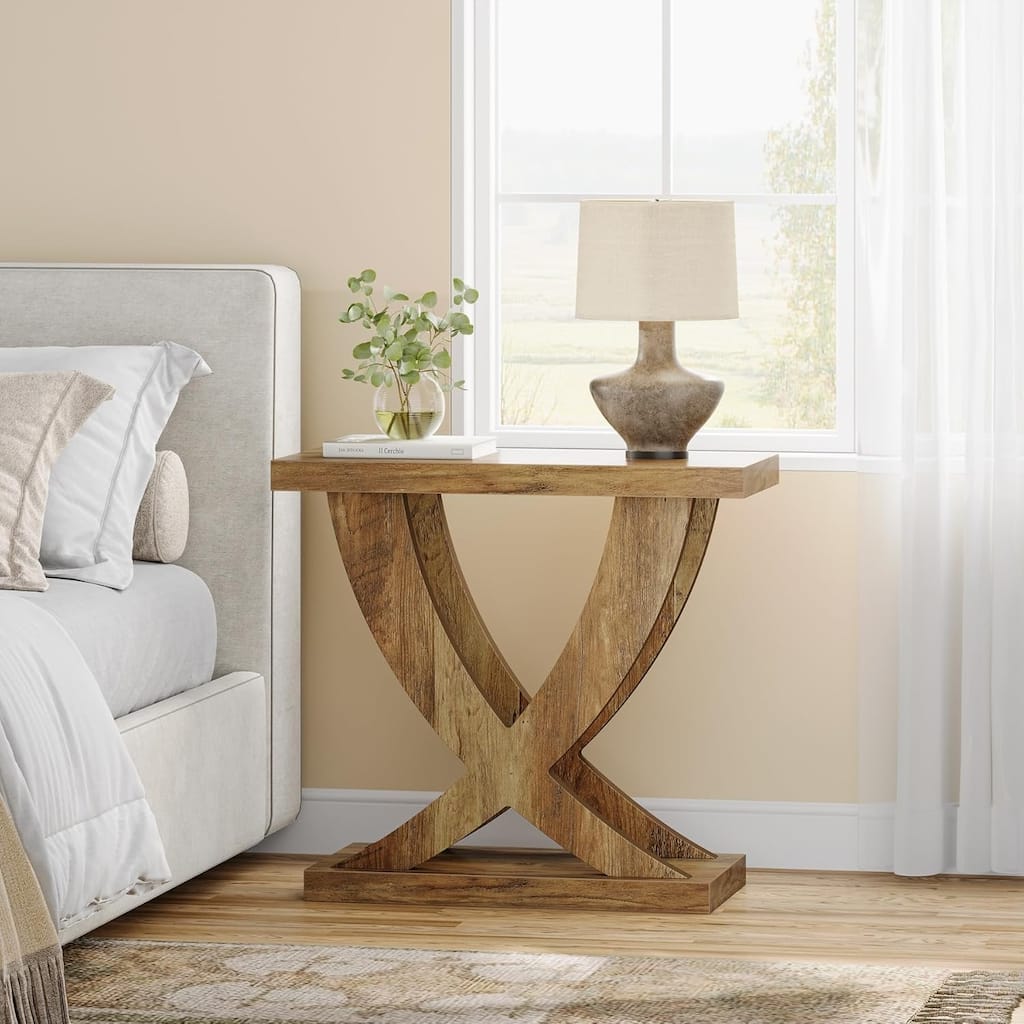 23.6" Farmhouse End Table with Cross Fishtail Support- Retro Brown