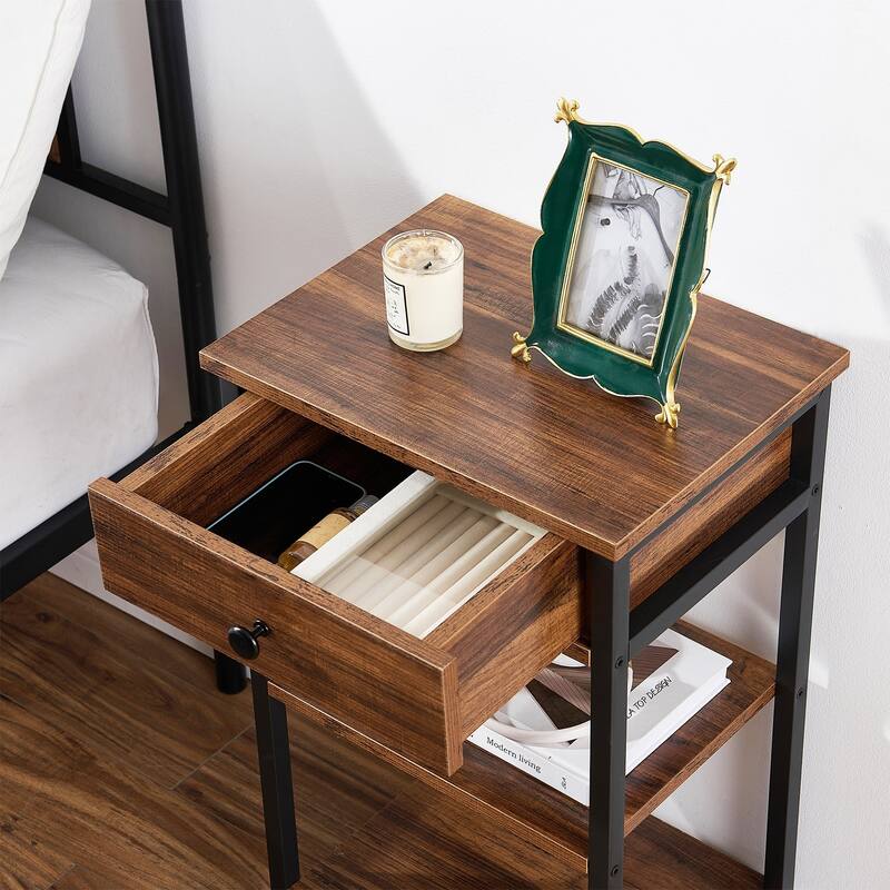 VECELO Modern Nightstand with Drawer & Open Shelves Slim Design for Small Spaces End Table with MDF & Rotating Floor Protectors