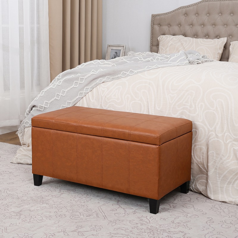 Adeco Rectangular Storage Ottoman Faux Leather Bench Lift-top Footrest - Dark-Orange-Faux-Leather-with-Stitching