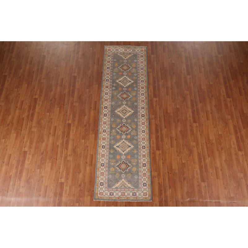 Grey Geometric Kazak Runner Rug Handmade Wool Carpet - 2'10" x 9'10"