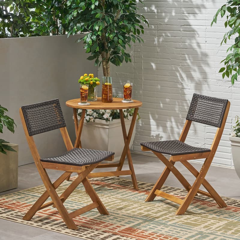 Set of 2 Acacia Wood Foldable Wicker Chairs - Brown