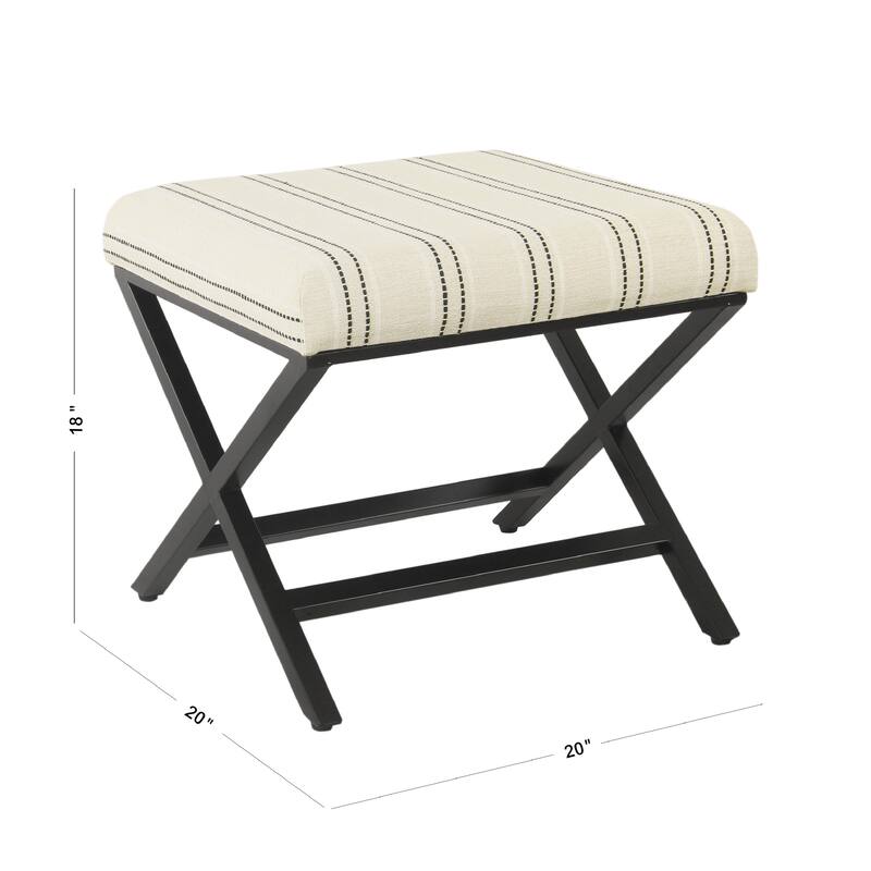 Square Ottoman Footstool, Black Metal, White Striped Polyester 20 Inch