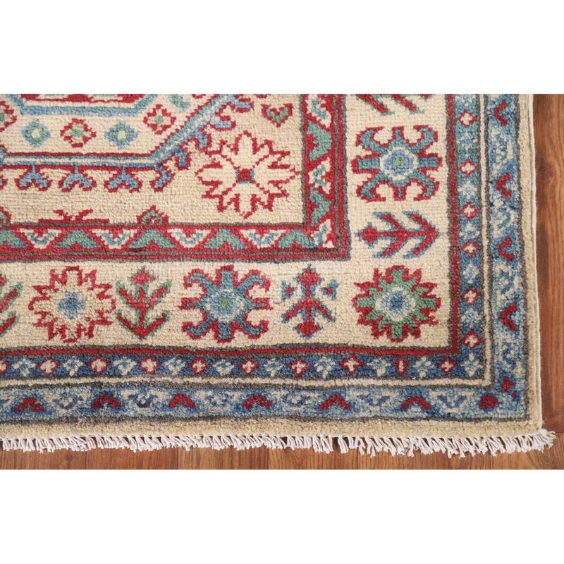 Hand Knotted Oriental 100% Wool Carpet Traditional Geometric Beige & Ivories Kazak Runner Rug - 12' 8'' X 2' 10''