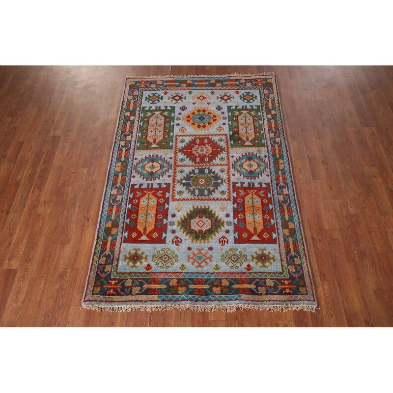 Blue Geometric Oushak Oriental Area Rug Hand-Knotted Wool Carpet - 3'11"x 5'11"