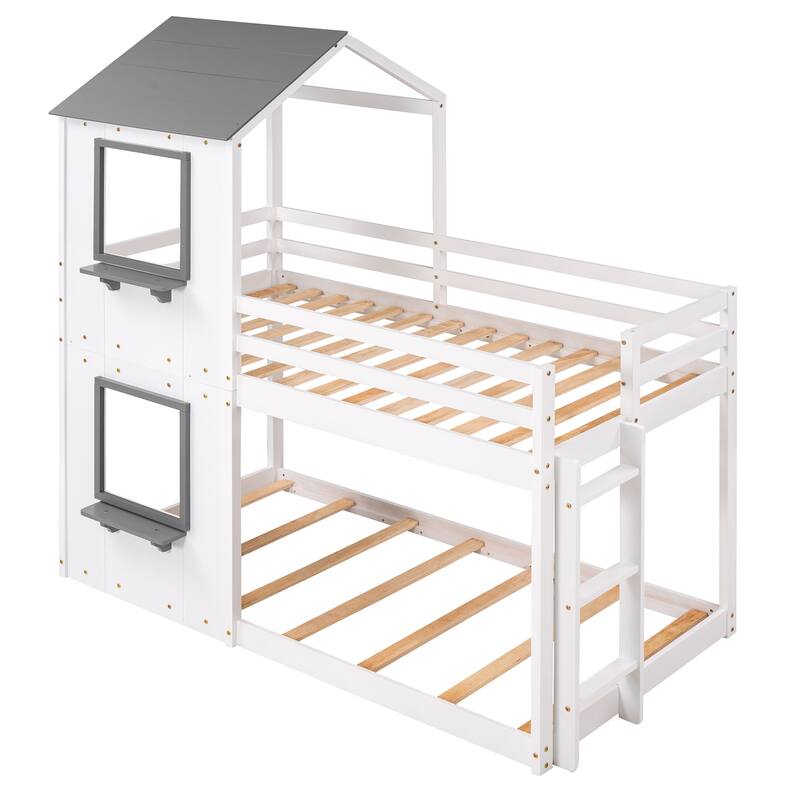 White Twin Over Twin Playhouse Bunk Bed with Roof, Window, Ladder & Guardrail - Space Saving Kids Bed