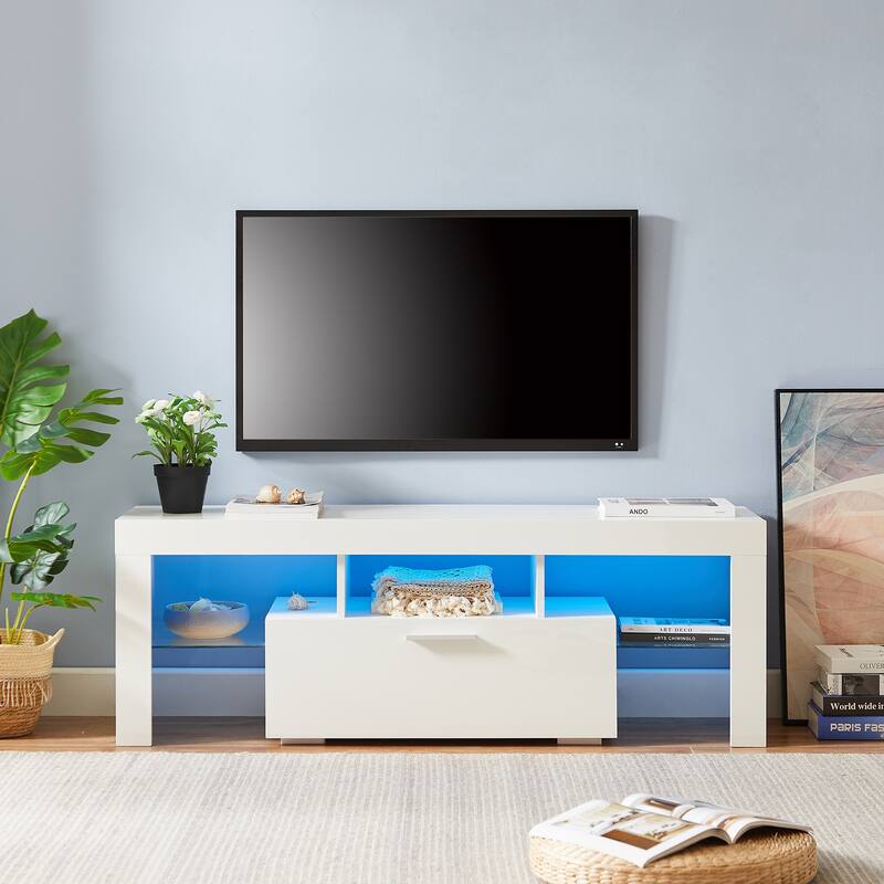 GDF Studio - Modern White Particle Board TV Stand with LED Light Belt and Glass Shelf