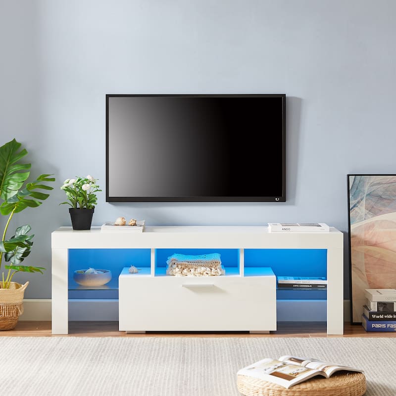 White 51" TV Stand with LED & Glass Shelf for TVs Up to 55"
