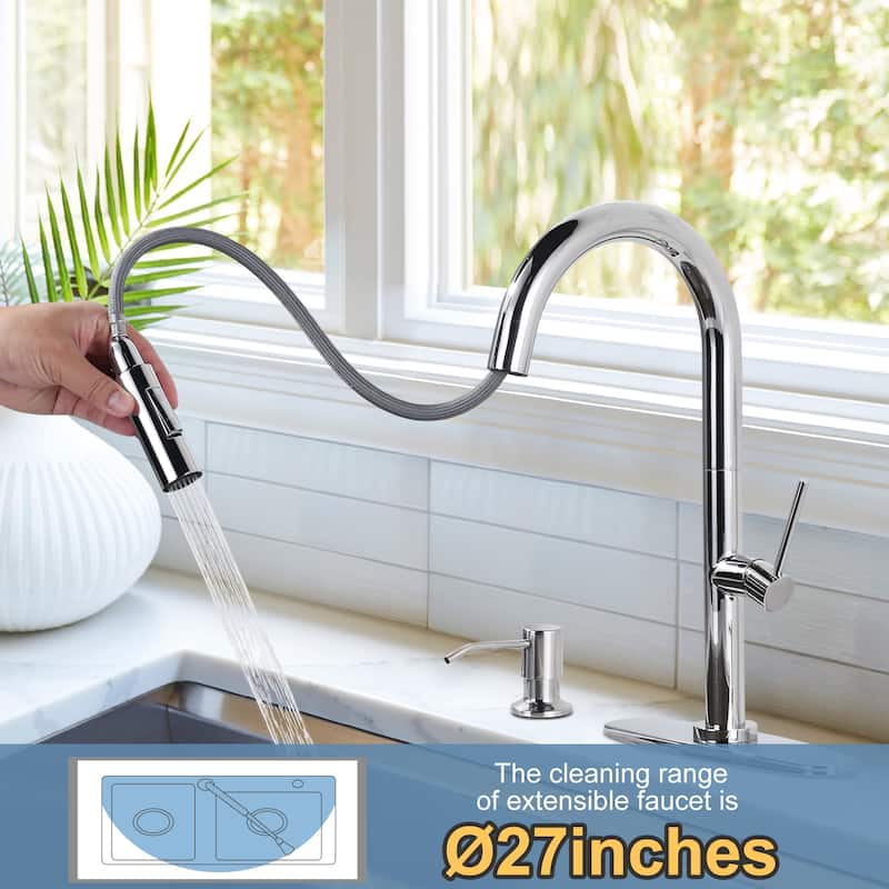 WOWOW Single Handle Pull Down Kitchen Faucet with Soap Dispenser