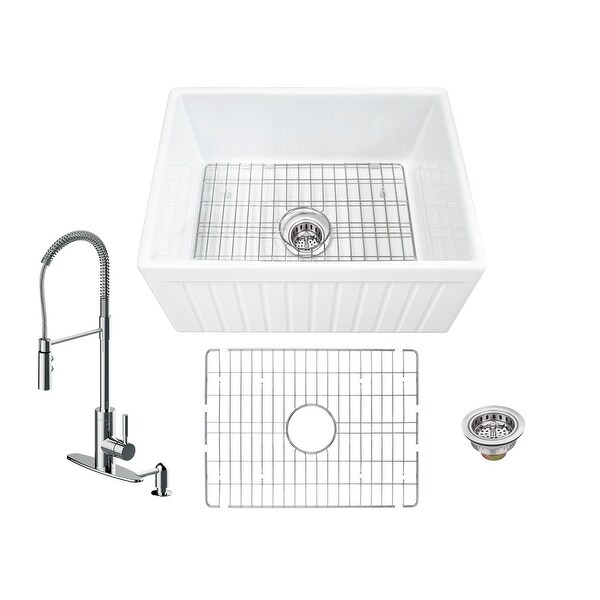 Soleil All-In-One Apron Front Fluted/Plain Reversible Fireclay Single Bowl Kitchen Sink with Pull Down Faucet. Opens flyout.