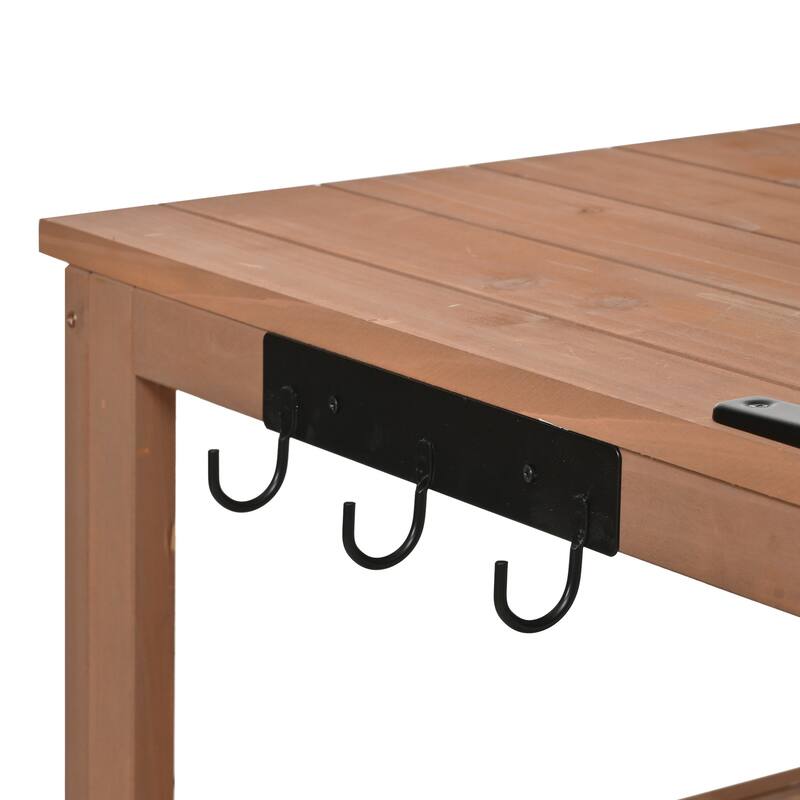 Potting Bench with Hutch, 50.2" Solid Fir Wood Garden Workstation, 2 Shelves, 2 Cabinets, 3 Side Hooks, Outdoor Planting Table