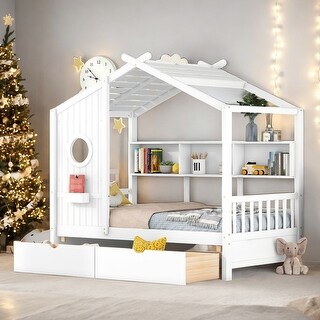 Full Size Wooden House Bed Kids Bed with 2 Drawers and Storage Shelf
