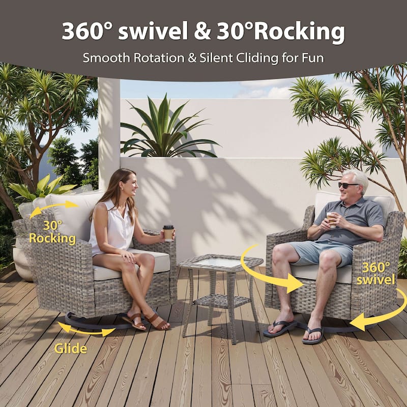 Glissia 3-Piece Gray Wicker Outdoor Swivel Glider Chair Set with 4-Inch Thick Cushions and Side Table