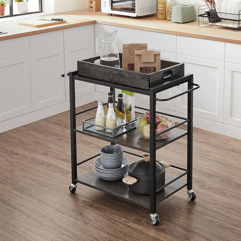 3-Tier Kitchen Serving Cart on Wheels with Storage, Leveling Feet