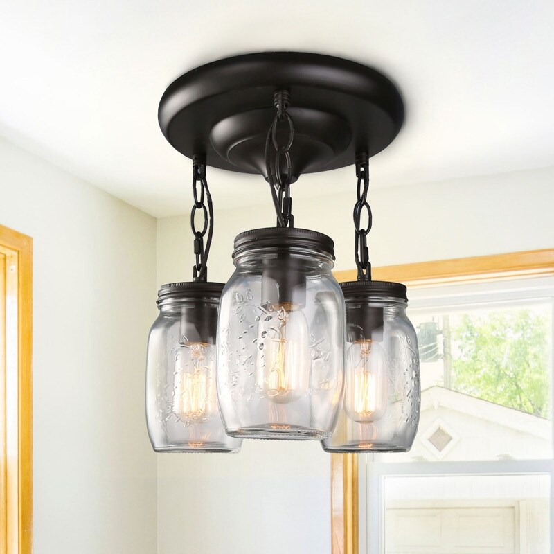 Modern 3-light Mason Jar Glass Semi Flush Mount Pendant Ceiling Light -  D11.8