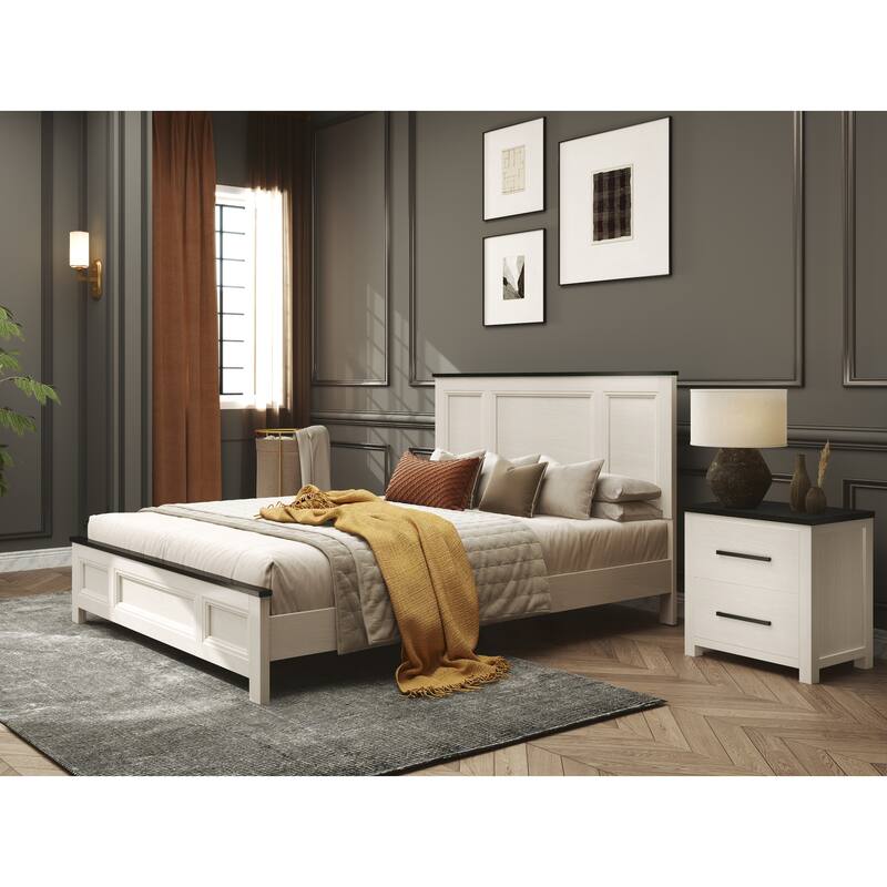 Roundhill Furniture Realynn 4-Piece Wood Bedroom Set, Panel Bed with Dresser, Mirror, and Nightstand, Off-White Finish