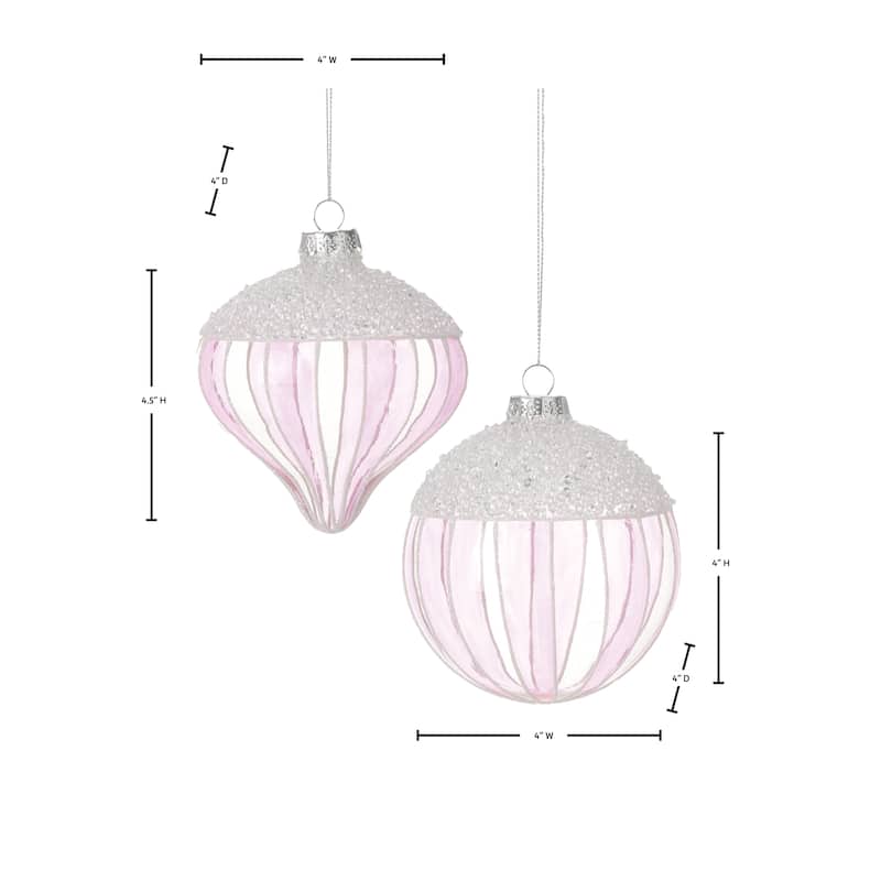 4" Glass With Ice Stripe Ball And Onion Ornament Set of 2