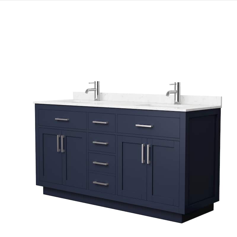Beckett TK 66-inch Double Vanity, Cultured Marble Top - Dark Blue, Nickel Trim,Carrara Cultured Marble Top