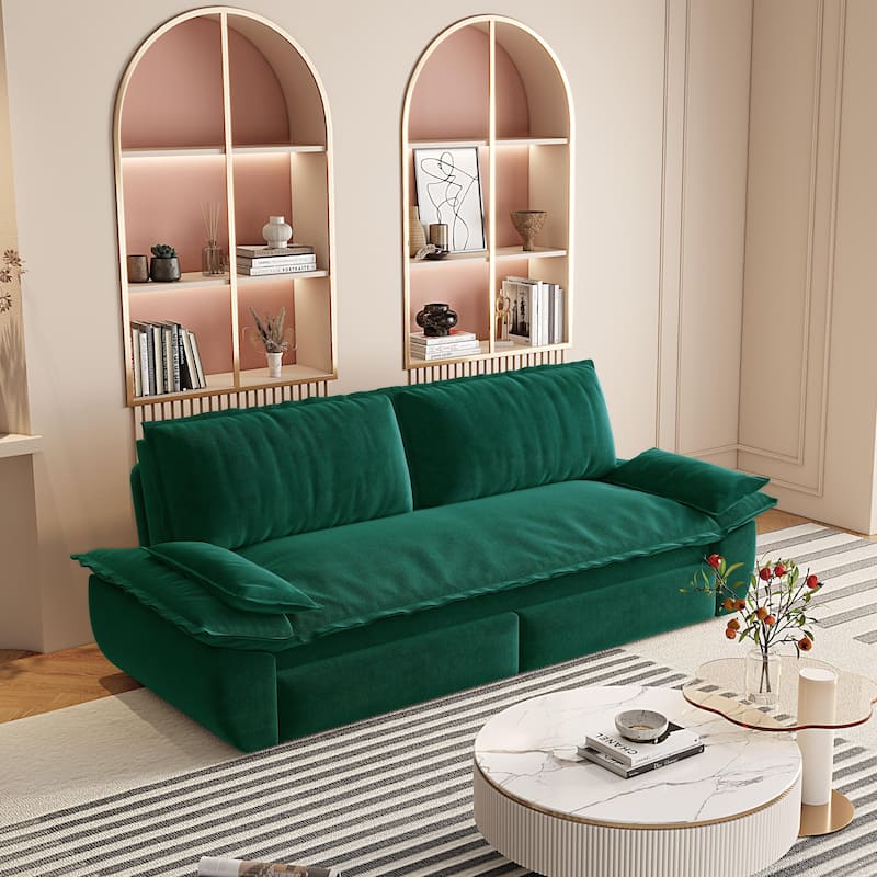 73.2" Queen Pull Out Sofa Bed, 3-in-1 Convertible Sleeper Sofa, Multi-Functional Velvet Loveseat Bed - Green