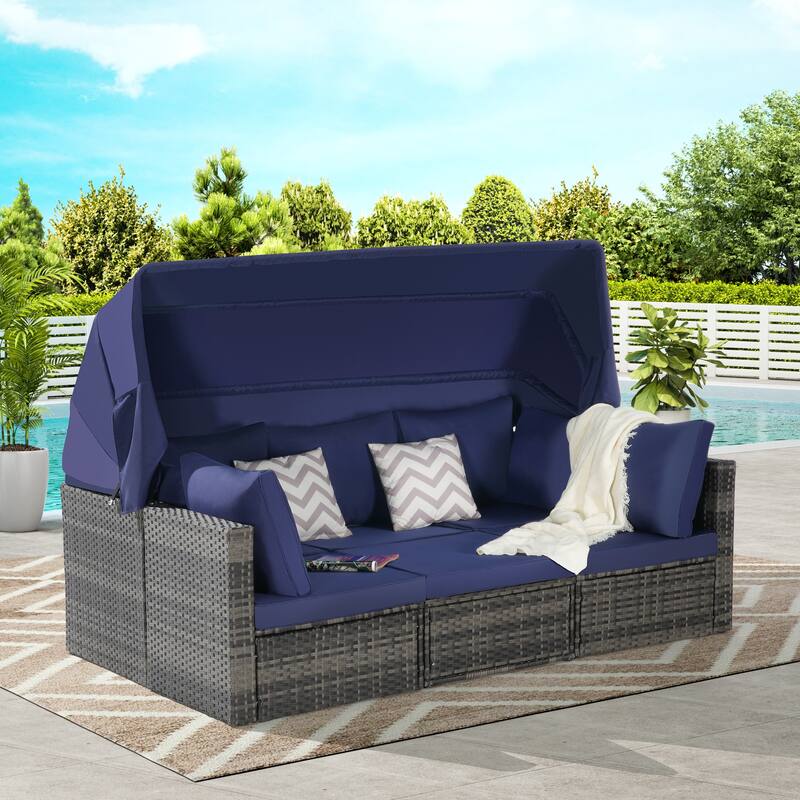 3-seat Sofa with Retractable Canopy, 2 Single Armless Chairs and Side Table - 5 Pieces Furniture Set Convertible Modular Daybed