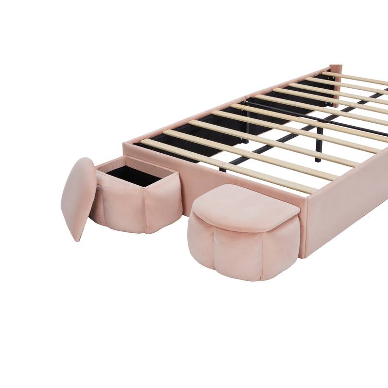Pink Twin Size Upholstered Platform Bed with Bear Ears Headboard, Storage Stools, No Box Spring Needed, for Kids and Teens