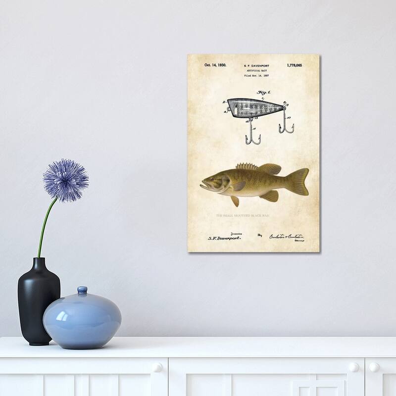 iCanvas "Smallmouth Bass Fishing Lure" by Patent77 Canvas Print - 18x12x1.5