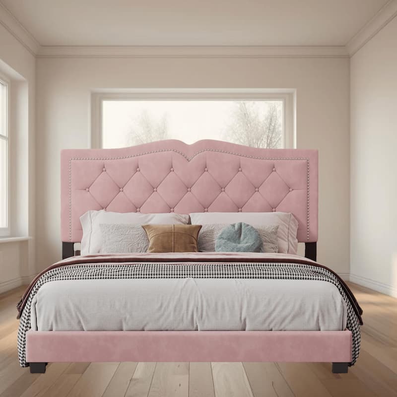 Luxurious Queen Size Velvet Upholstered Platform Bed Frame with Tufted Headboard and Rivet Detailing, Bedroom Furniture - Pink - Queen