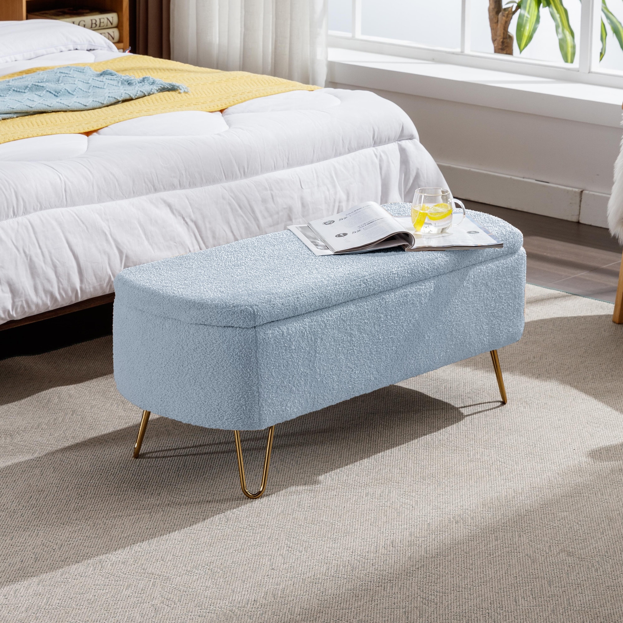 Modern Camel Fur Storage Ottoman with Gold Legs for Living Room Bedroom