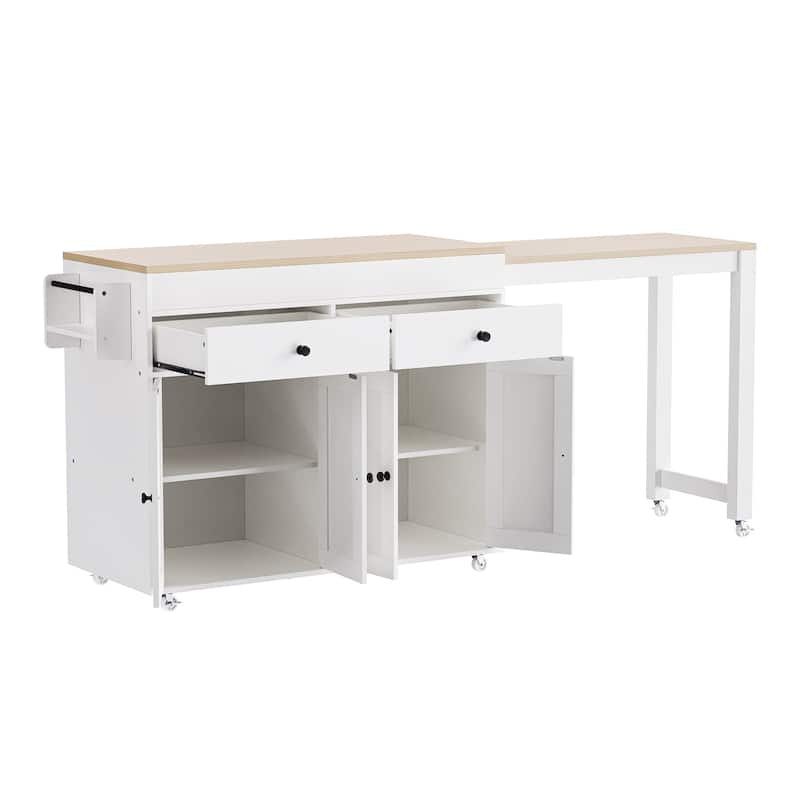 4 Door Kitchen Island Cart with Extendable Dining Table, Rolling Kitchen Island on Wheels with Spice Rack and 2 Drawers