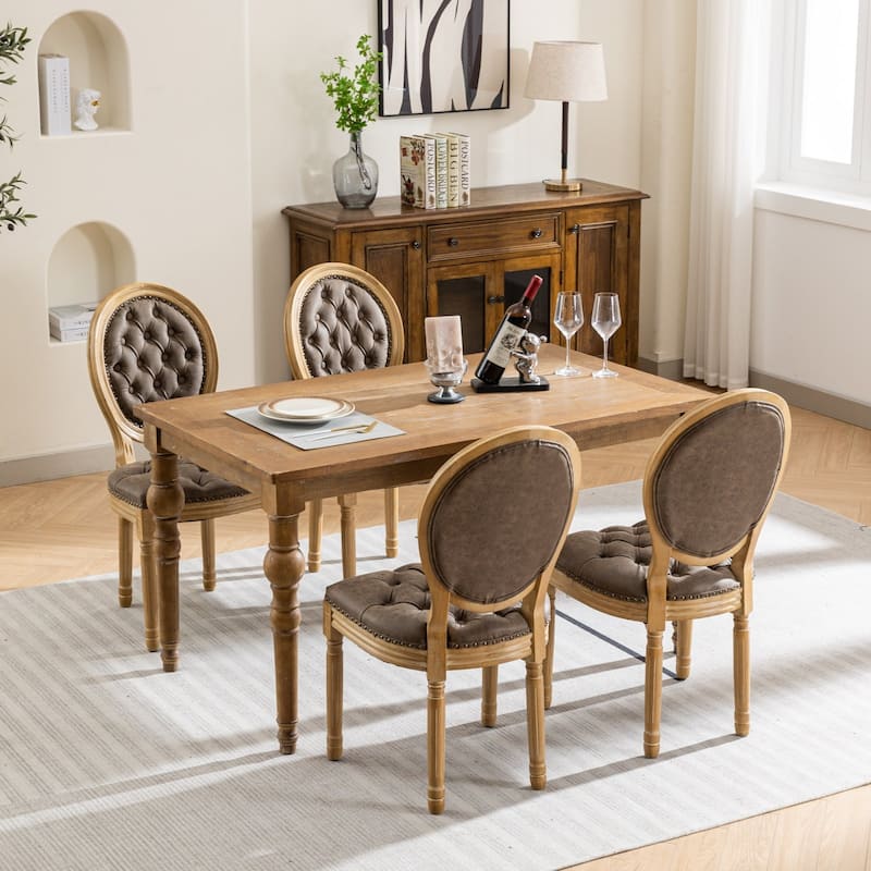 French Dining Chair Set of 2 Leather Upholstered Dining Chair Solid Wood Frame Oval Backrest Side Chair Without Arms