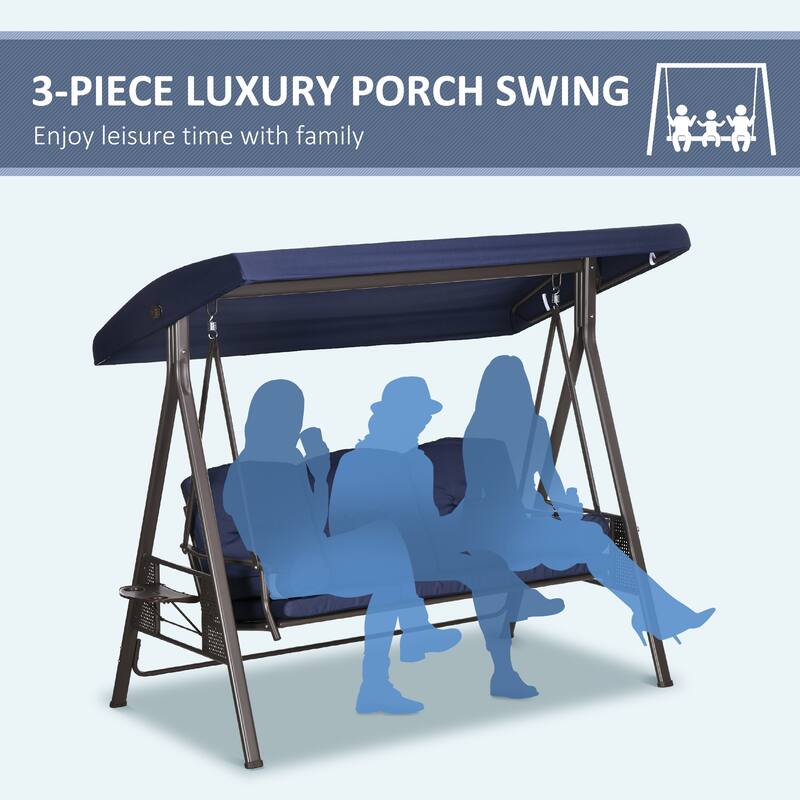 Outsunny 3-Seat Patio Swing Chair, Outdoor Porch Swing Glider with Adjustable Canopy, Removable Cushion, Pillows and Side Trays