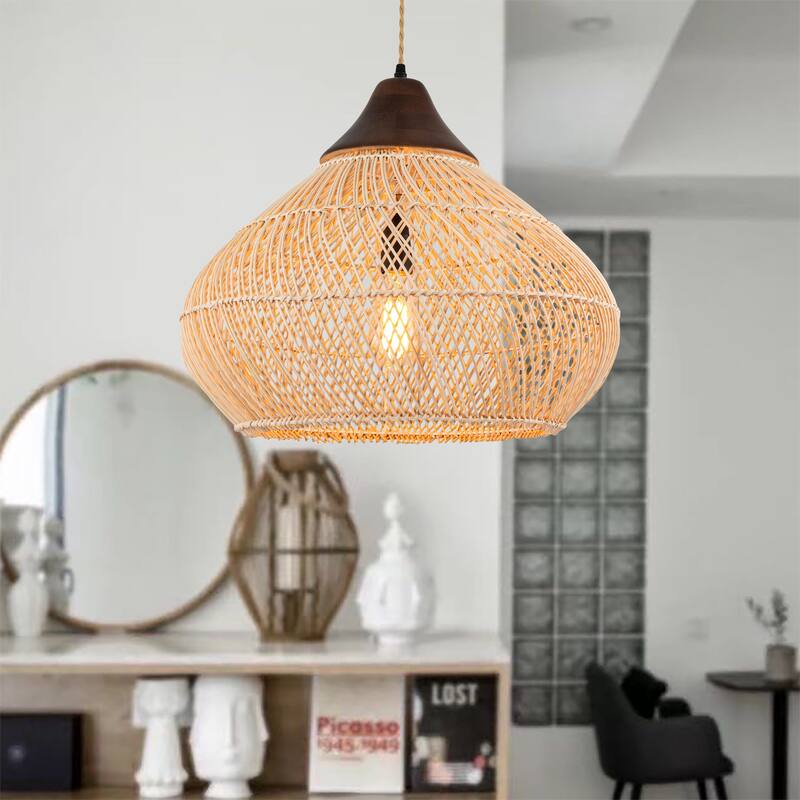 Zula Coastal Large Rattan Pendant Light in Brass Rustic Wood Accent Ceiling Light - 19.7