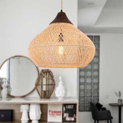 Zula Coastal Large Rattan Pendant Light in Brass Rustic Wood Accent Ceiling Light - 19.7