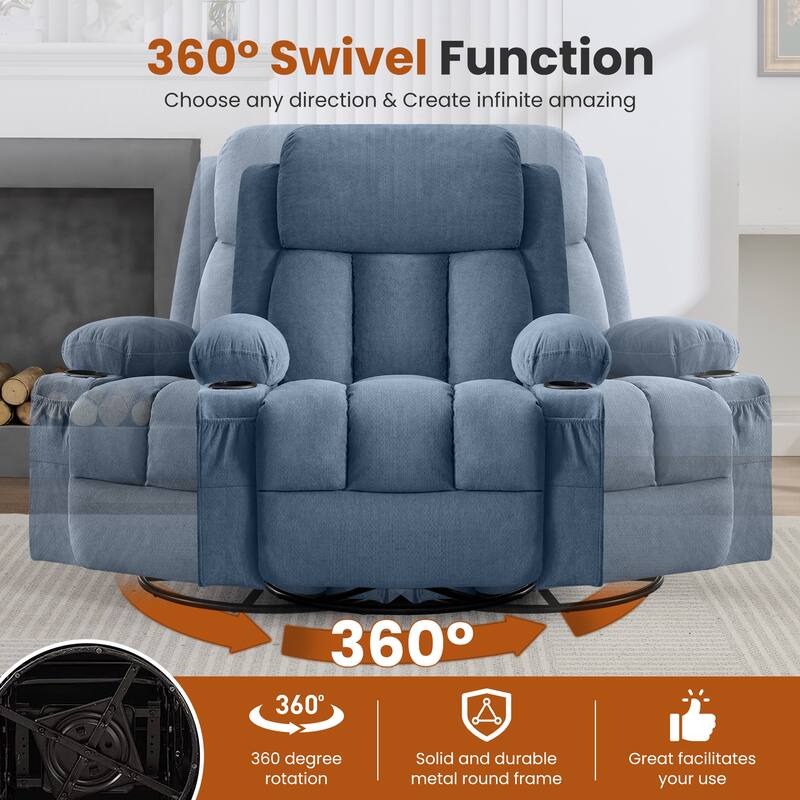 Swivel Rocker Recliner with Vibration Massage Heat USB Port Cup Holders