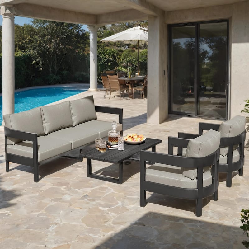 Iron Outdoor Seating Set with Thick Cushion Chairs, Plastic Wood Table