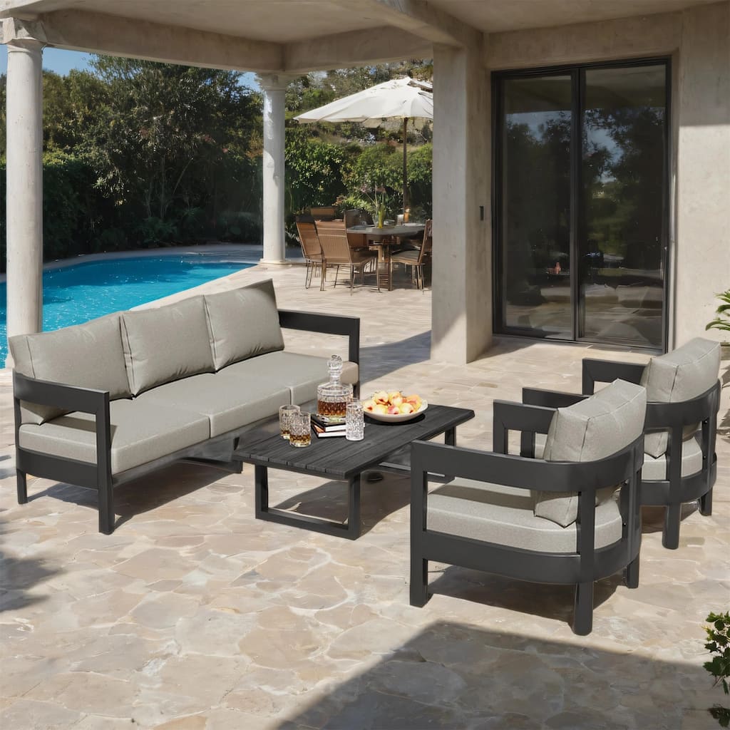 Iron Outdoor Seating Set with Thick Cushion Chairs, Plastic Wood Table