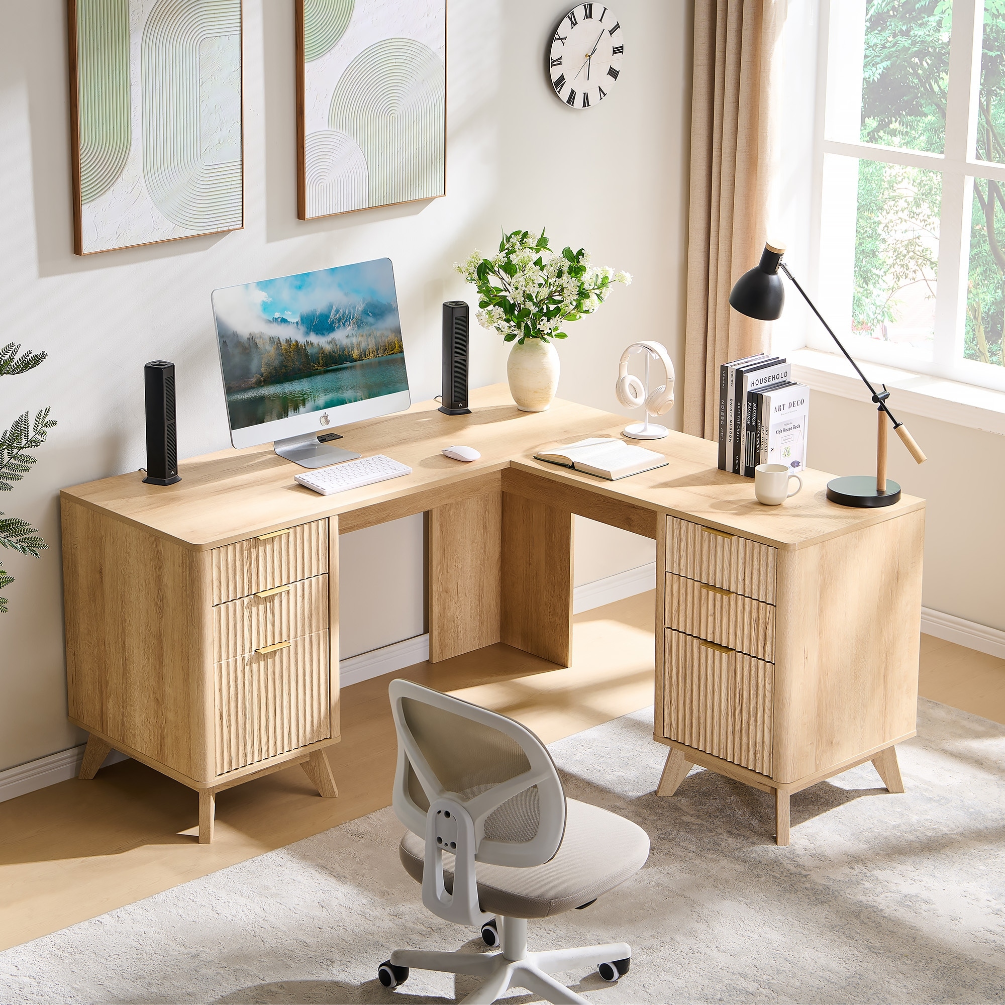 60'' Modern Fluted L Shaped Desk, Charging Station and File Drawer