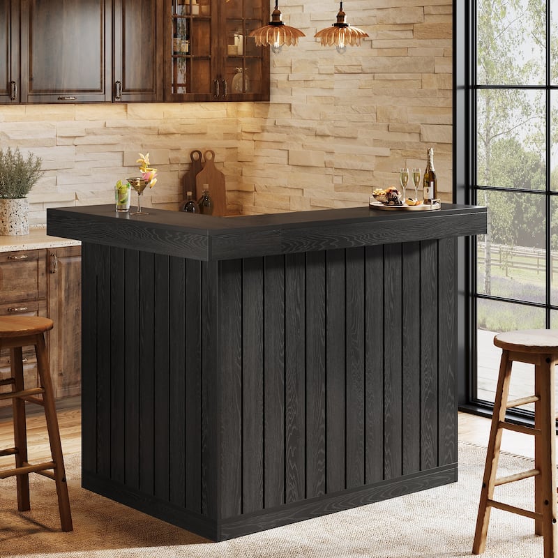 Industrial L-Shaped Corner Home Bar Cabinet with Wine Glass Racks - Black