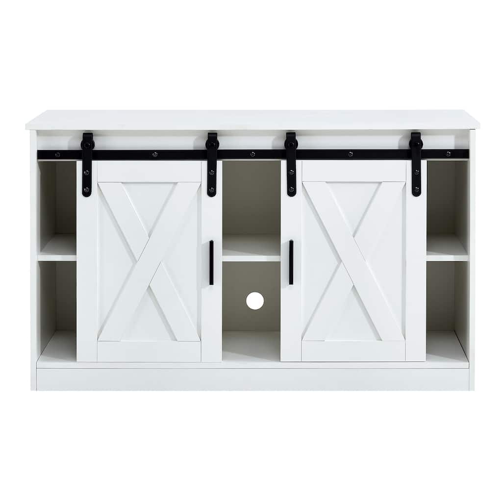 Modern TV Stand, Decorative TV Stand with 2 Sliding Barn Doors, for Bedroom Living Room, Corridor, White