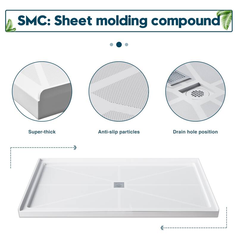 Elegant Rectangular Shower Base in White Center Drain Single Threshold Anti-slip SMC Shower Pan