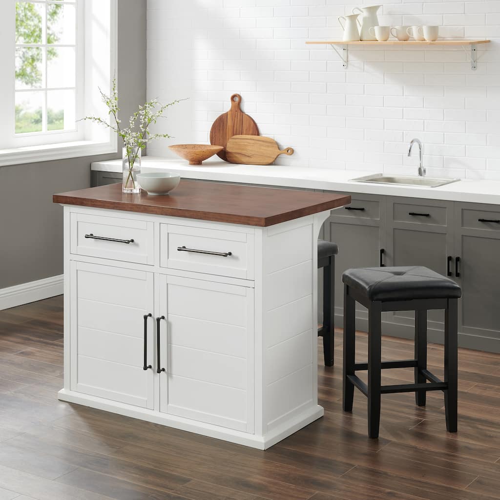 Crosley Bartlett Wood Top Kitchen Island W/Uph Square Stools - 50"d x 42"w x 36"h