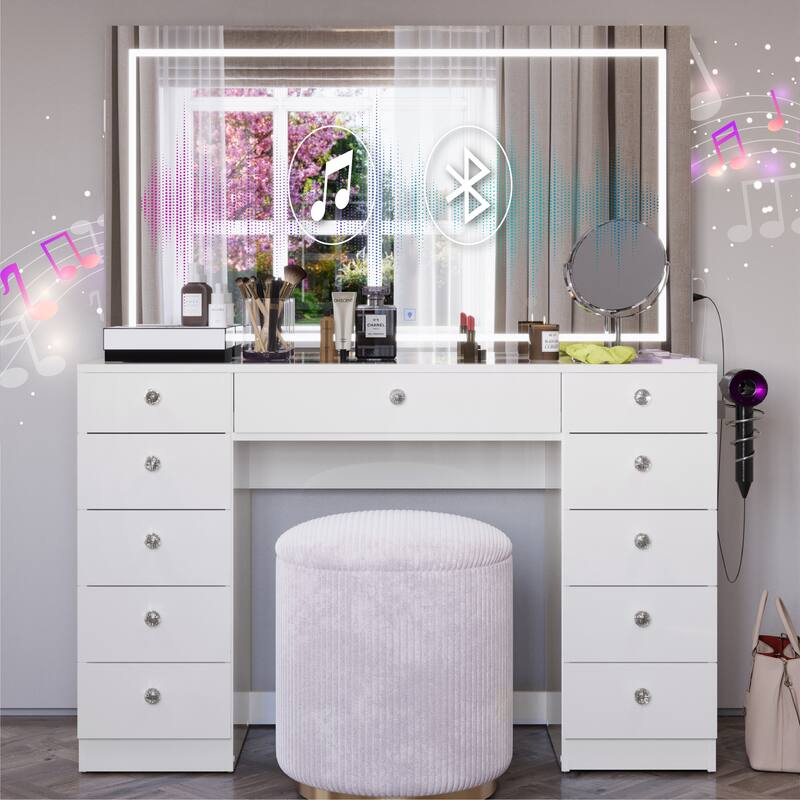 Boahaus Smart Vanity Desk with LED Mirror & Bluetooth Speakers - White