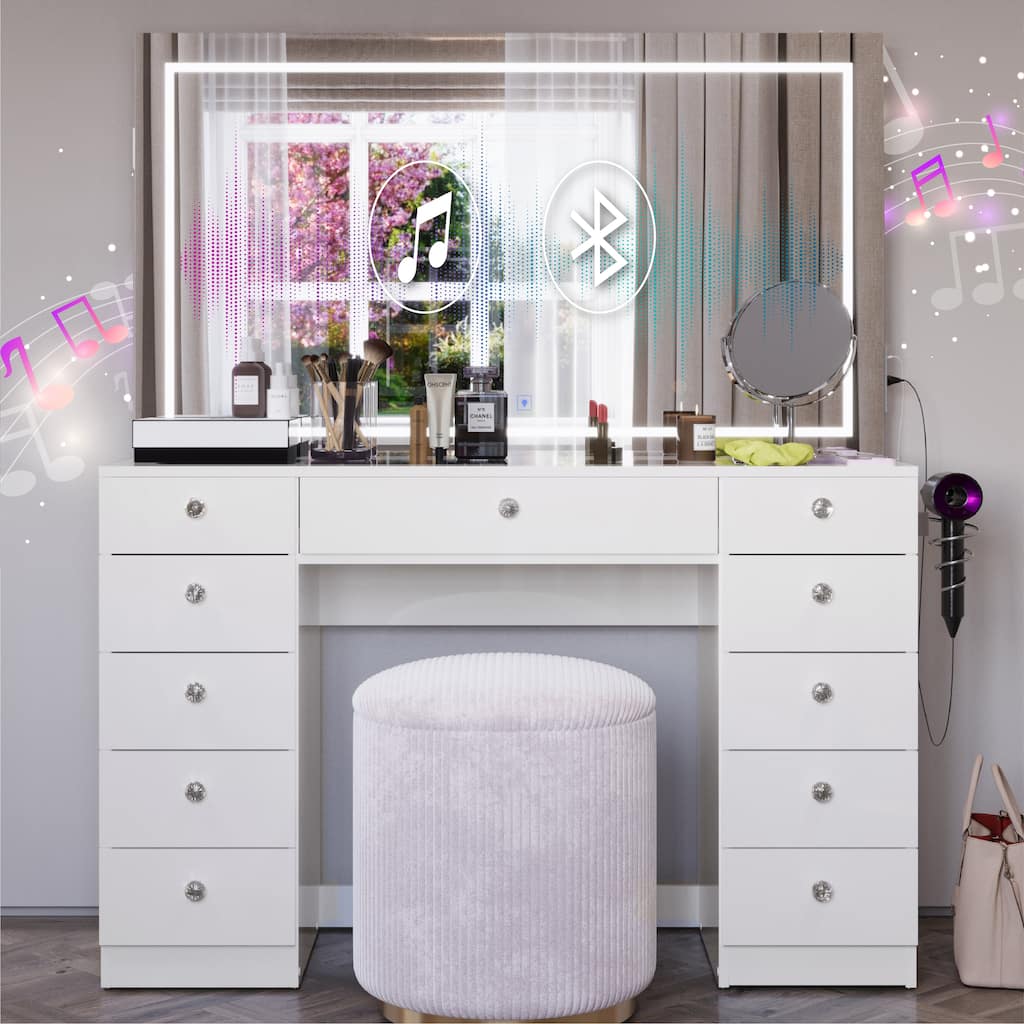Boahaus Smart Vanity Desk with LED Mirror & Bluetooth Speakers